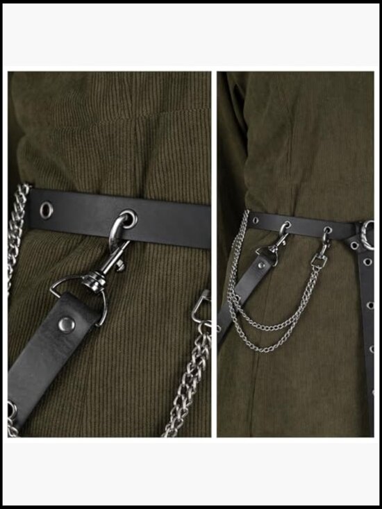 Faux Leather Metal Chain Belt, Vintage Adjustable Thin Belt For Women